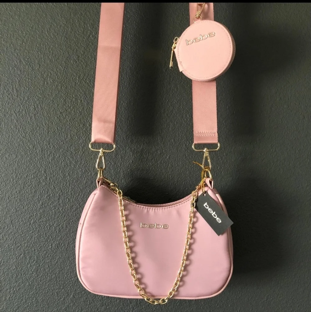 bebe Dusty Pink Satin Shoulder Bag with Gold Chain and Coin Pouch Nwt
